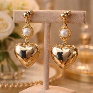 Silver Heart Drop Earrings with Pearl Accent